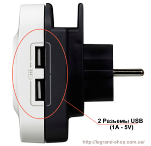 2 разъема USB 5 В/1000 мА для зарядки смартфонов legrand-shop